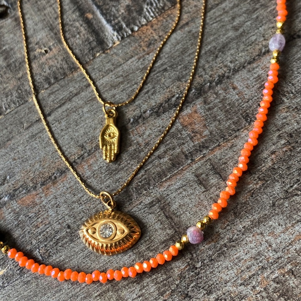 NEW Gold Hamsa & Evil Eye Layered Orange Semiprecious Stone Necklace Set